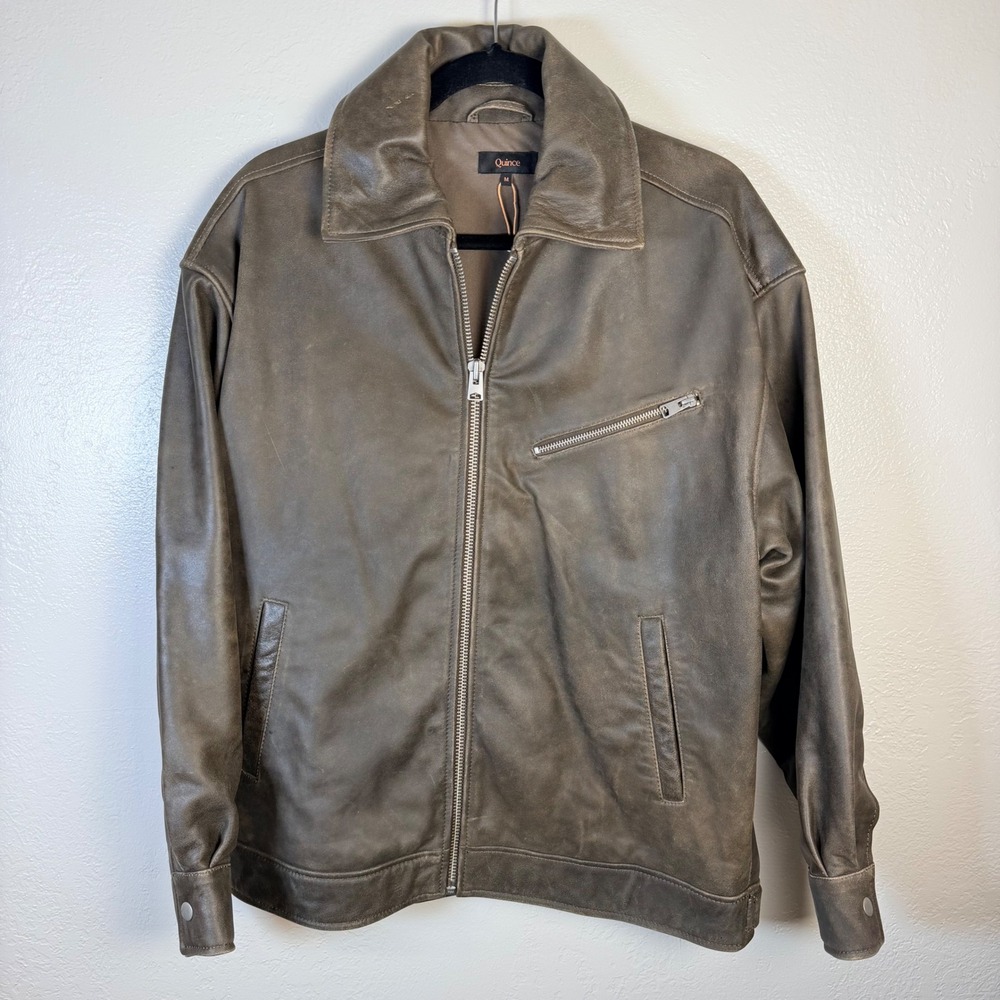 New Quince Women M 100% Leather Oversized Bomber Jacket Distressed Brown